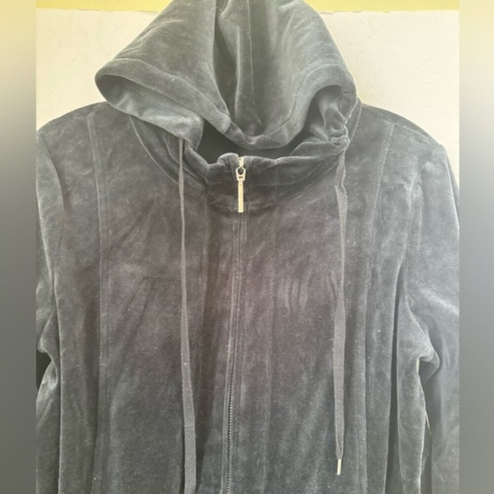 Jones NY Vintage Velour Hoodie Cotton Full Zip Up Hooded Pockets Black Jacket M - Picture 5 of 11